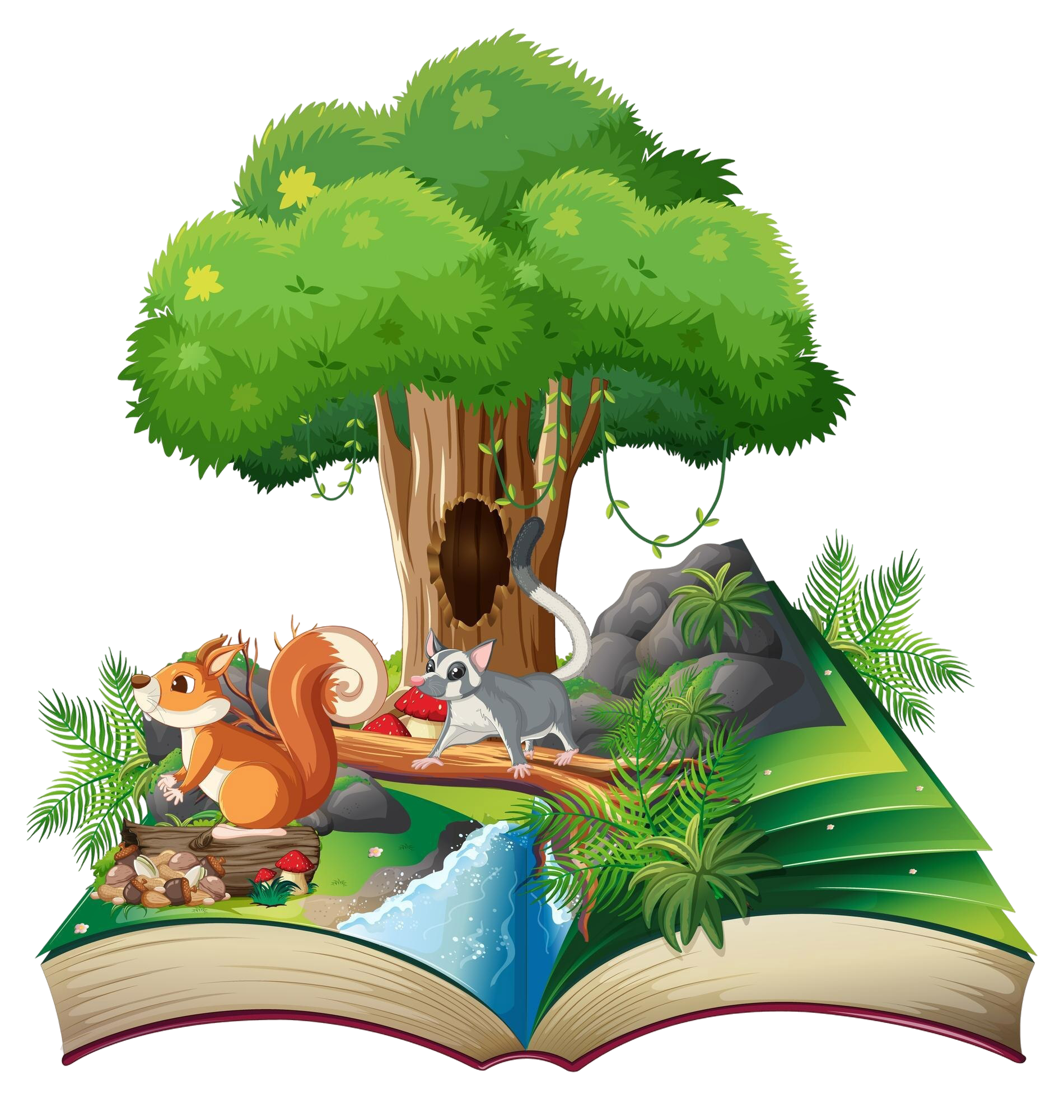 Children's book illustration with tree and animals